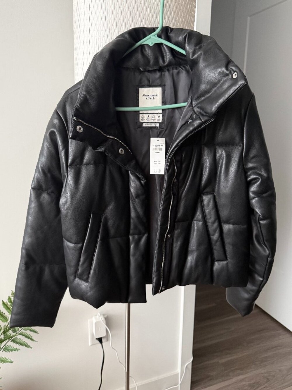 NWT A&F Black Vegan Leather Mini Puffer XS